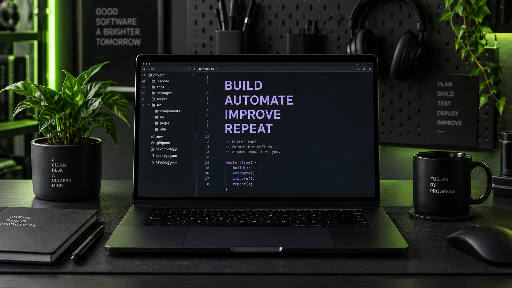 Dark developer workspace with a laptop displaying Build, Automate, Improve, Repeat